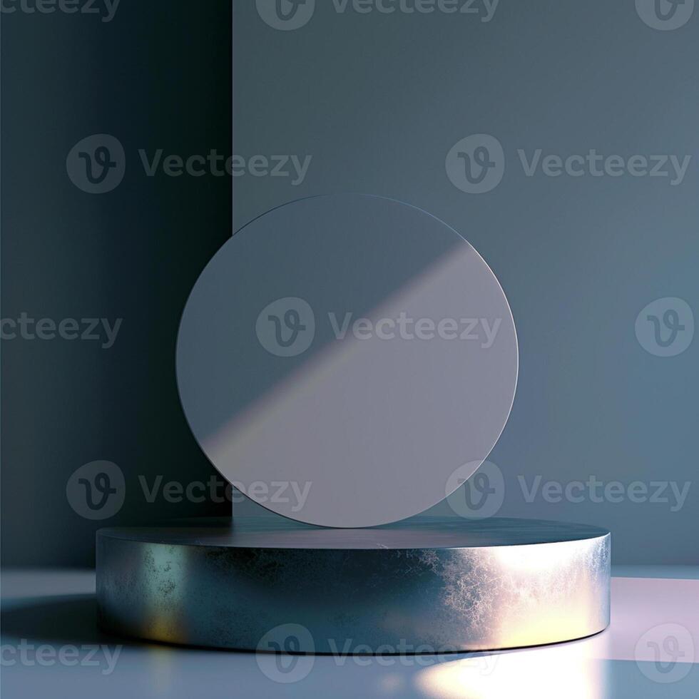 A white circular object on a pedestal in front of a wall photo