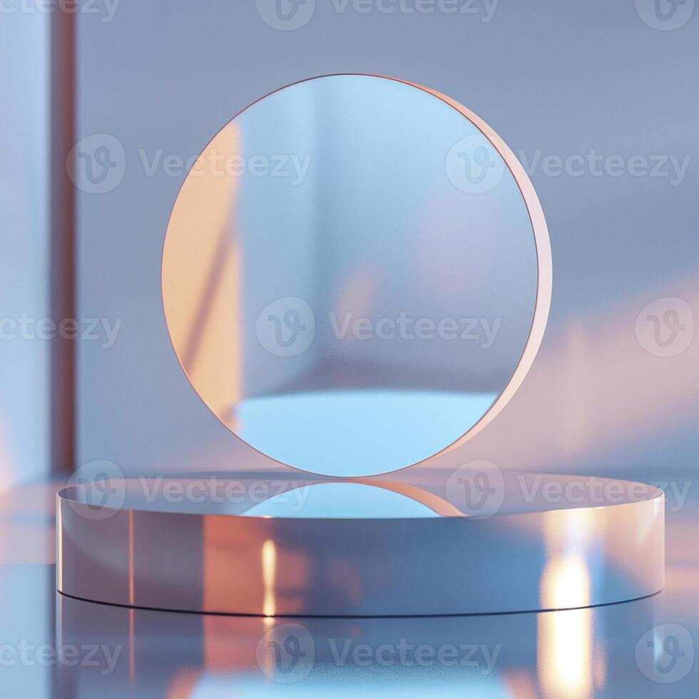 A circular mirror on a pedestal in front of a wall photo