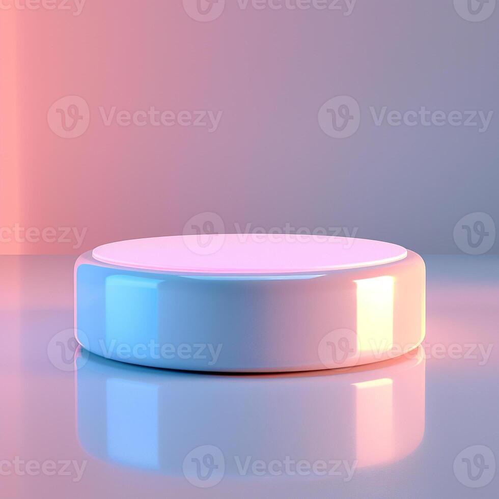 A white round object on a table with a pink and blue background photo