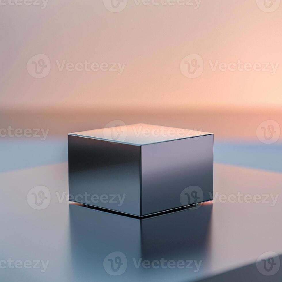 A cube sitting on top of a table with a sunset in the background photo