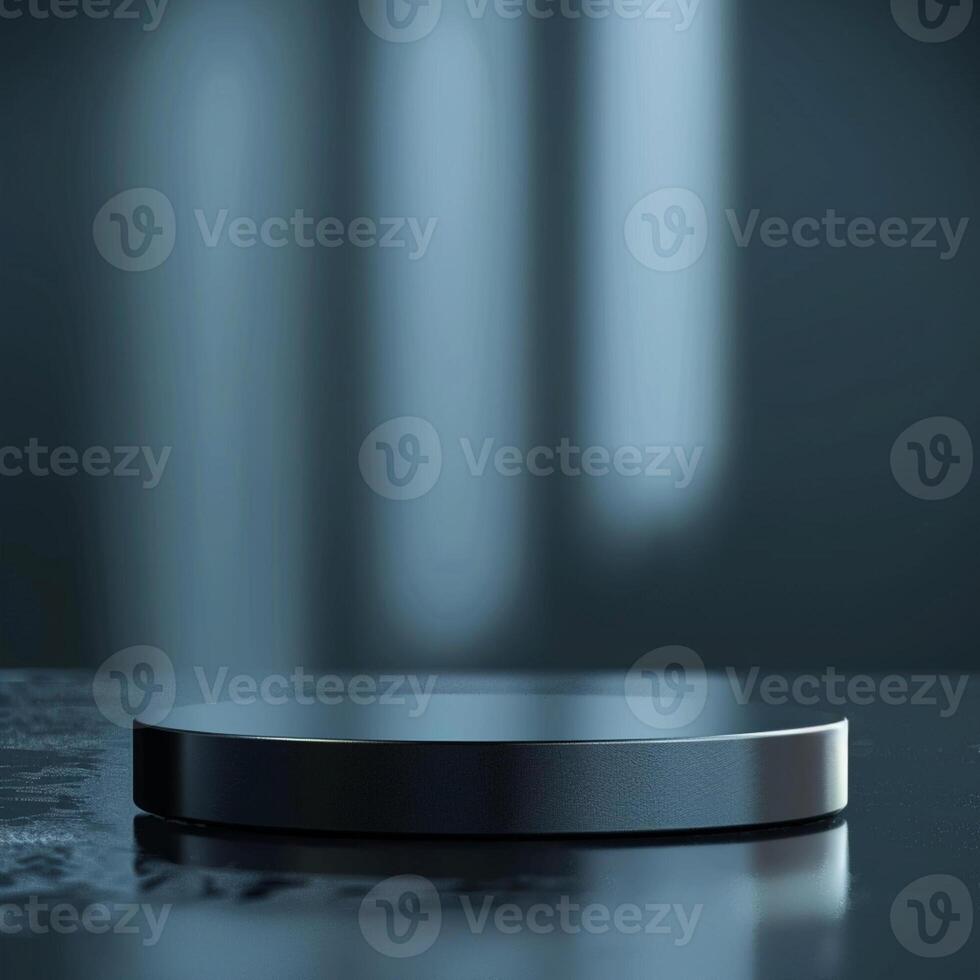 An empty black round table on a table with a light photo
