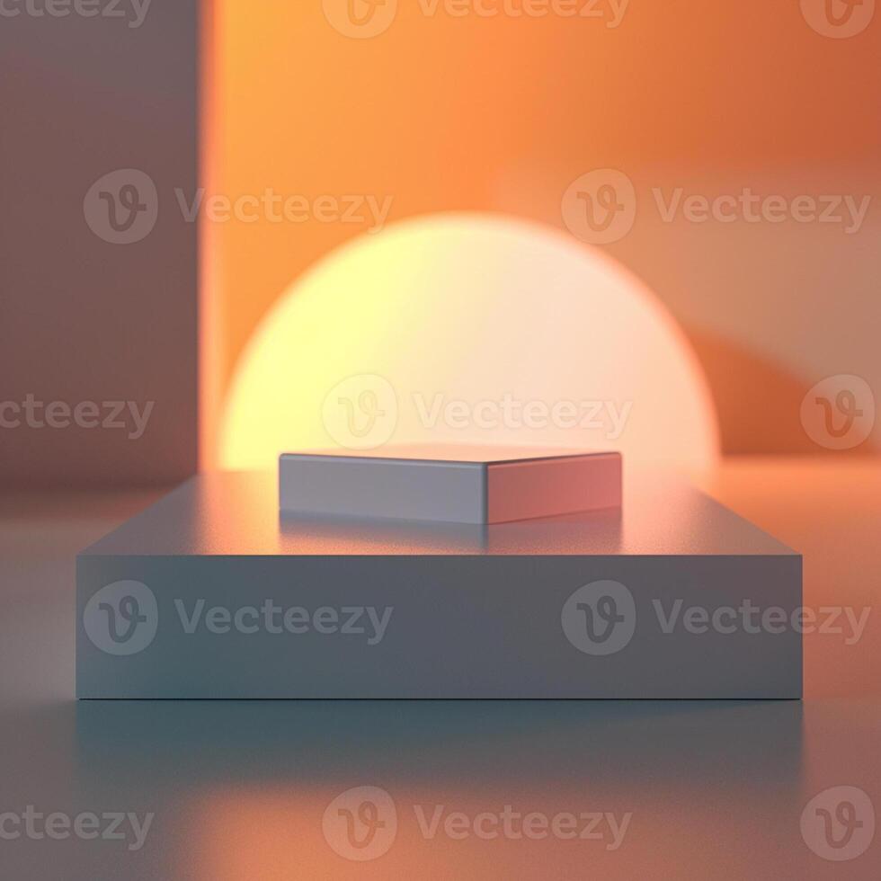 A white cube sitting on a table in front of a bright orange light photo