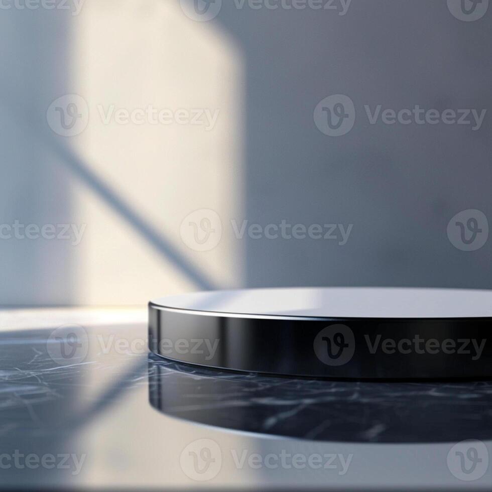 A black and white circular object on a marble surface photo