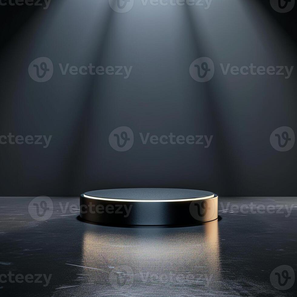 An empty podium in front of a spotlight photo