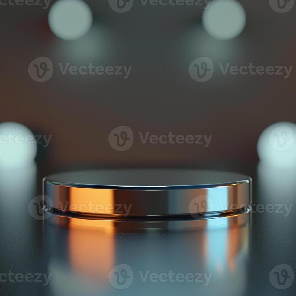 An empty podium on a table with lights in the background photo