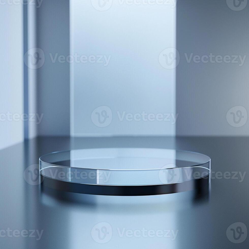 A glass table with a black surface and a white wall photo