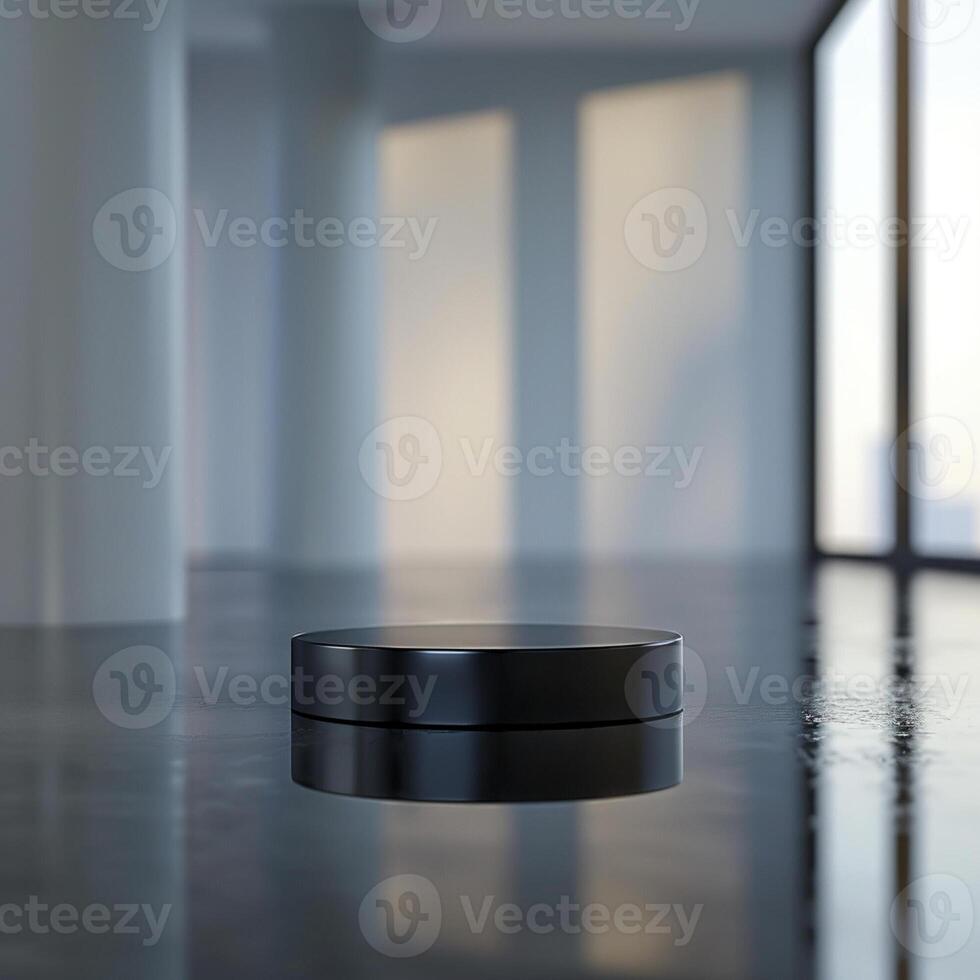 A black object sitting on a table in front of a large window photo