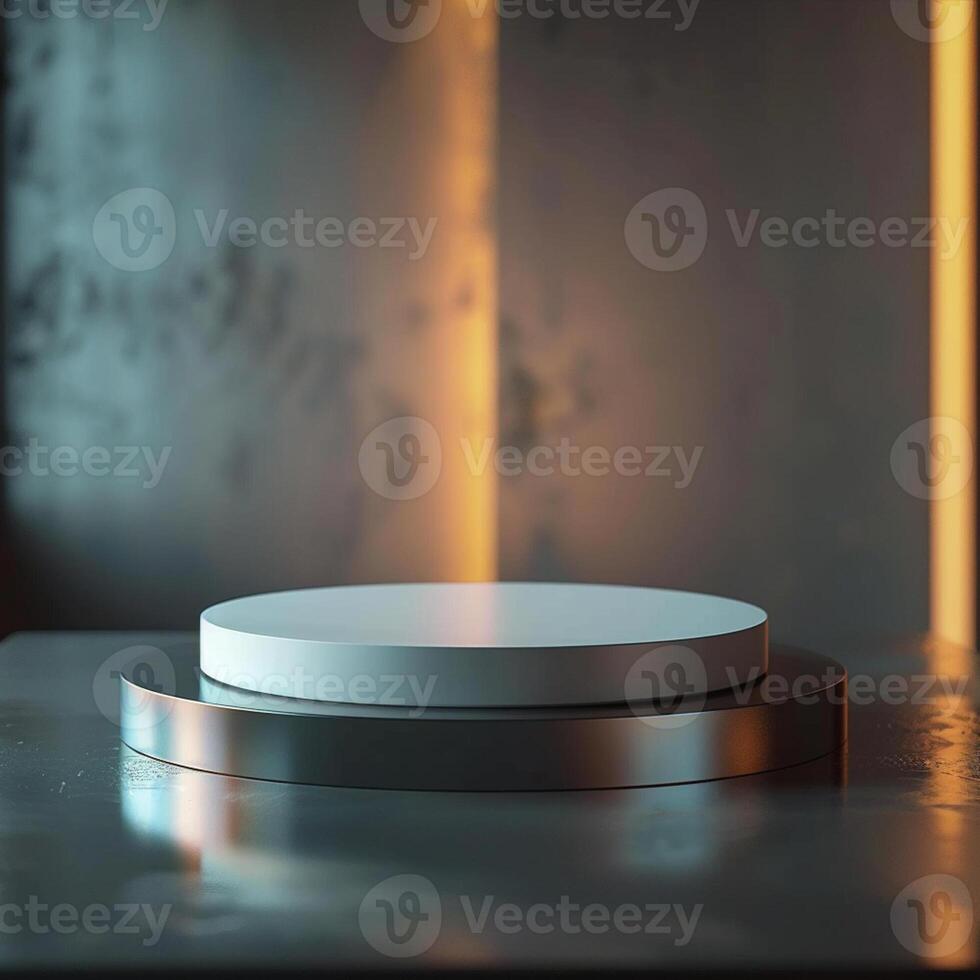 A white round table on a table in front of a wall photo