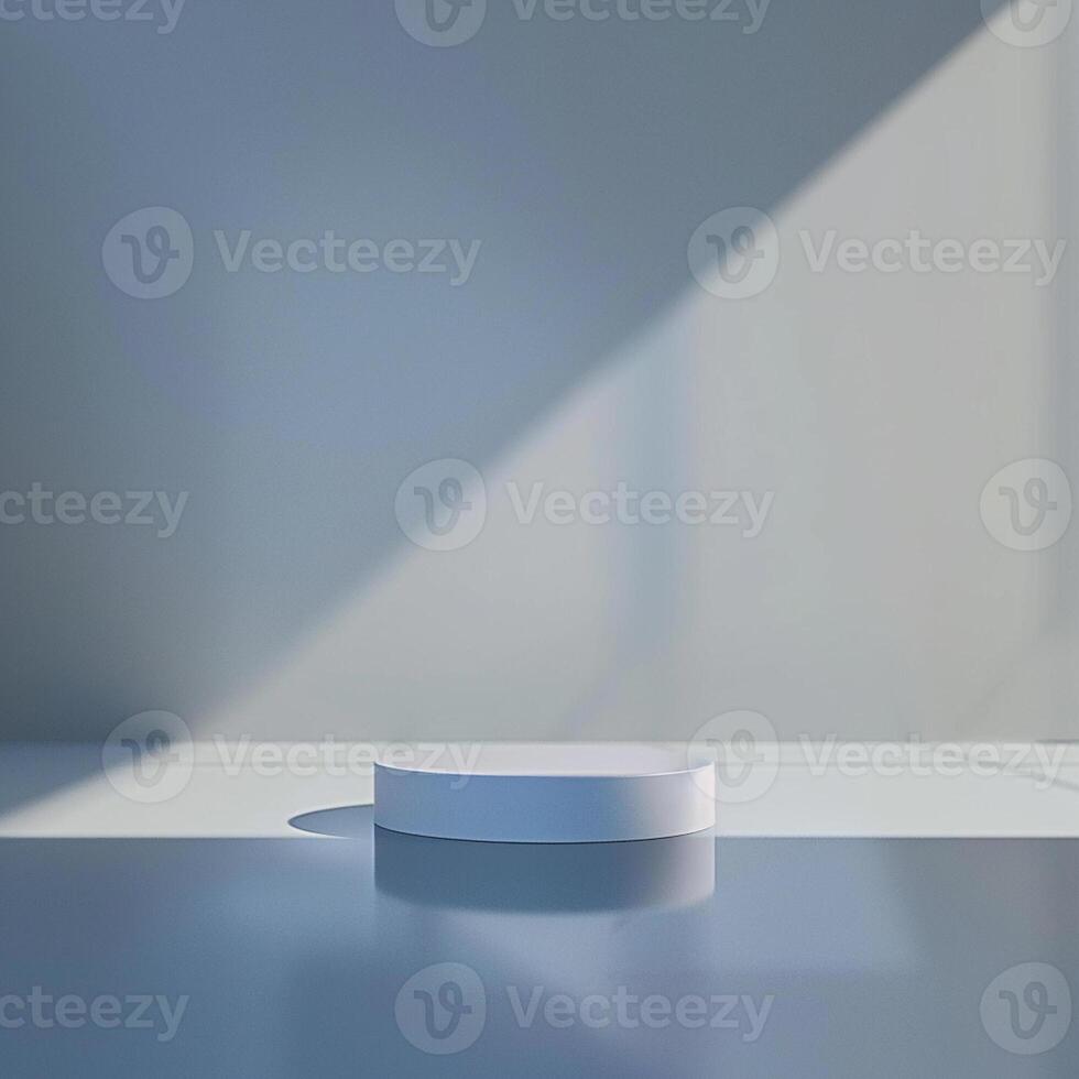 An empty white pedestal in front of a window photo