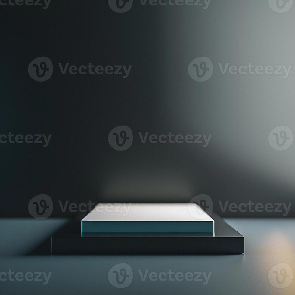 A white box sitting on a table in front of a dark wall photo