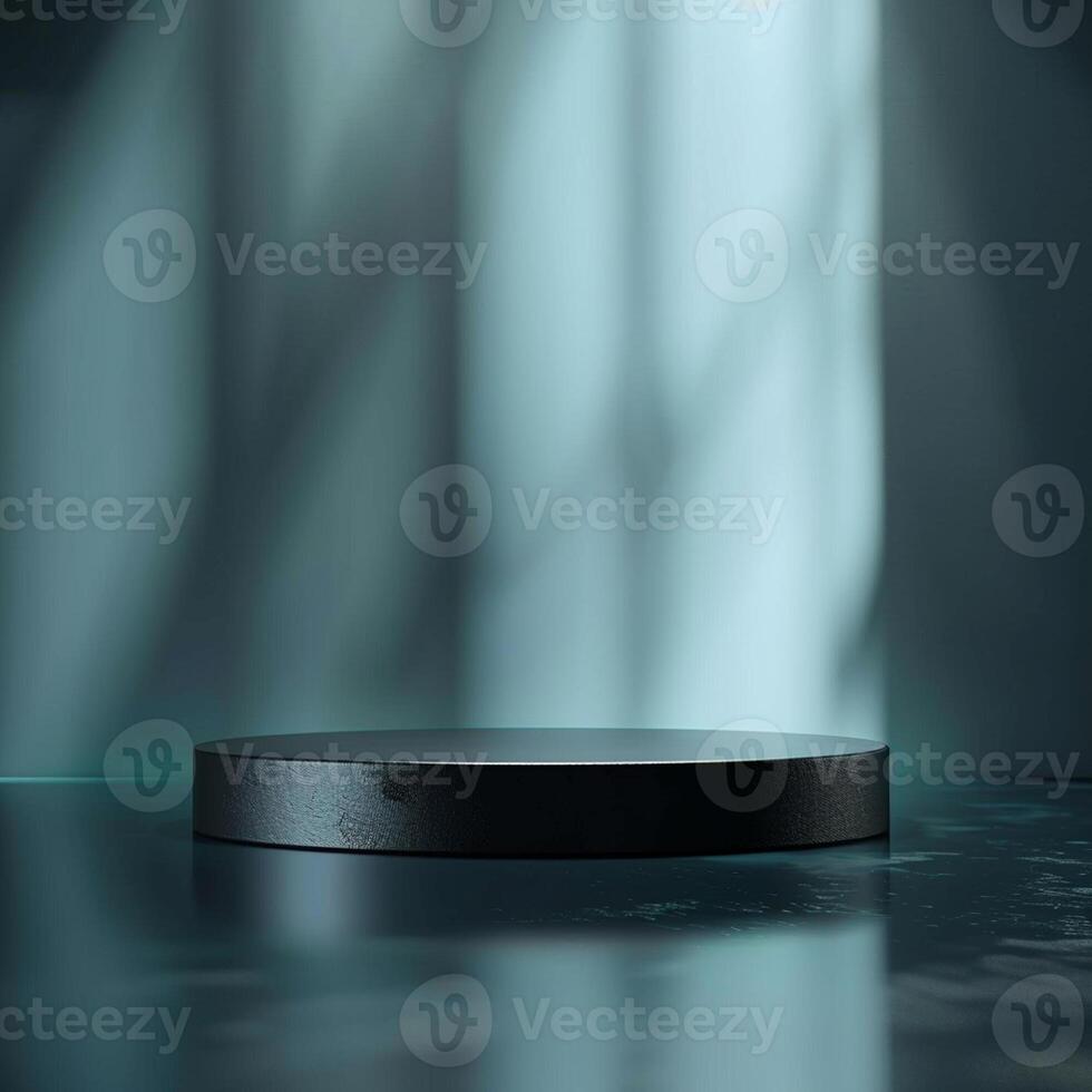 An empty black pedestal on a table in front of a window photo