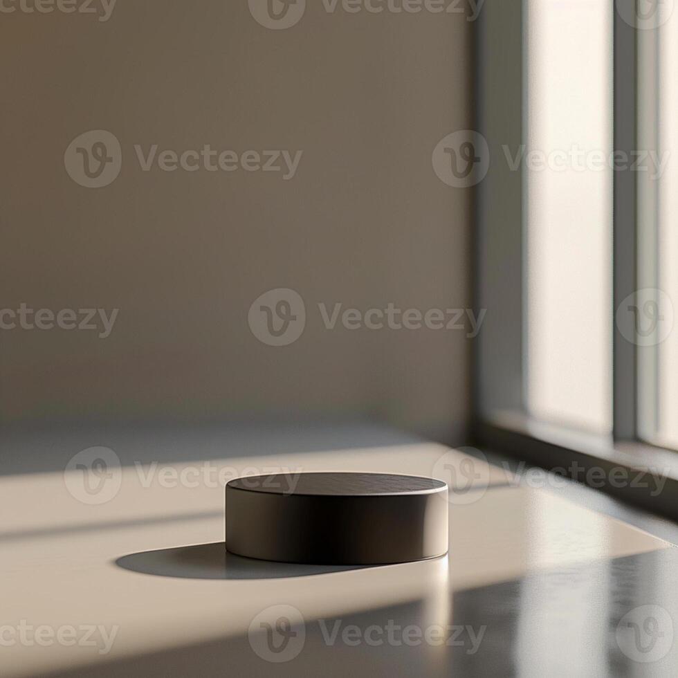 A black object sitting on a table in front of a window photo