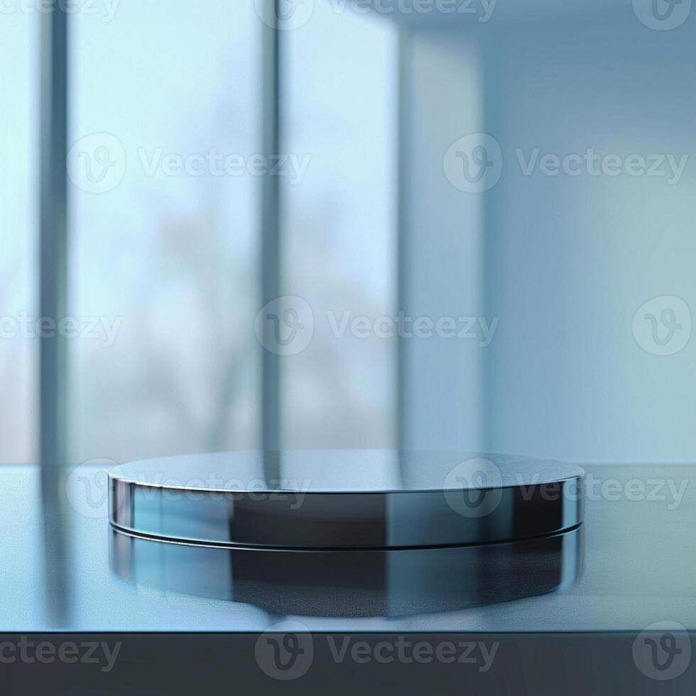 A table with a silver object on top photo