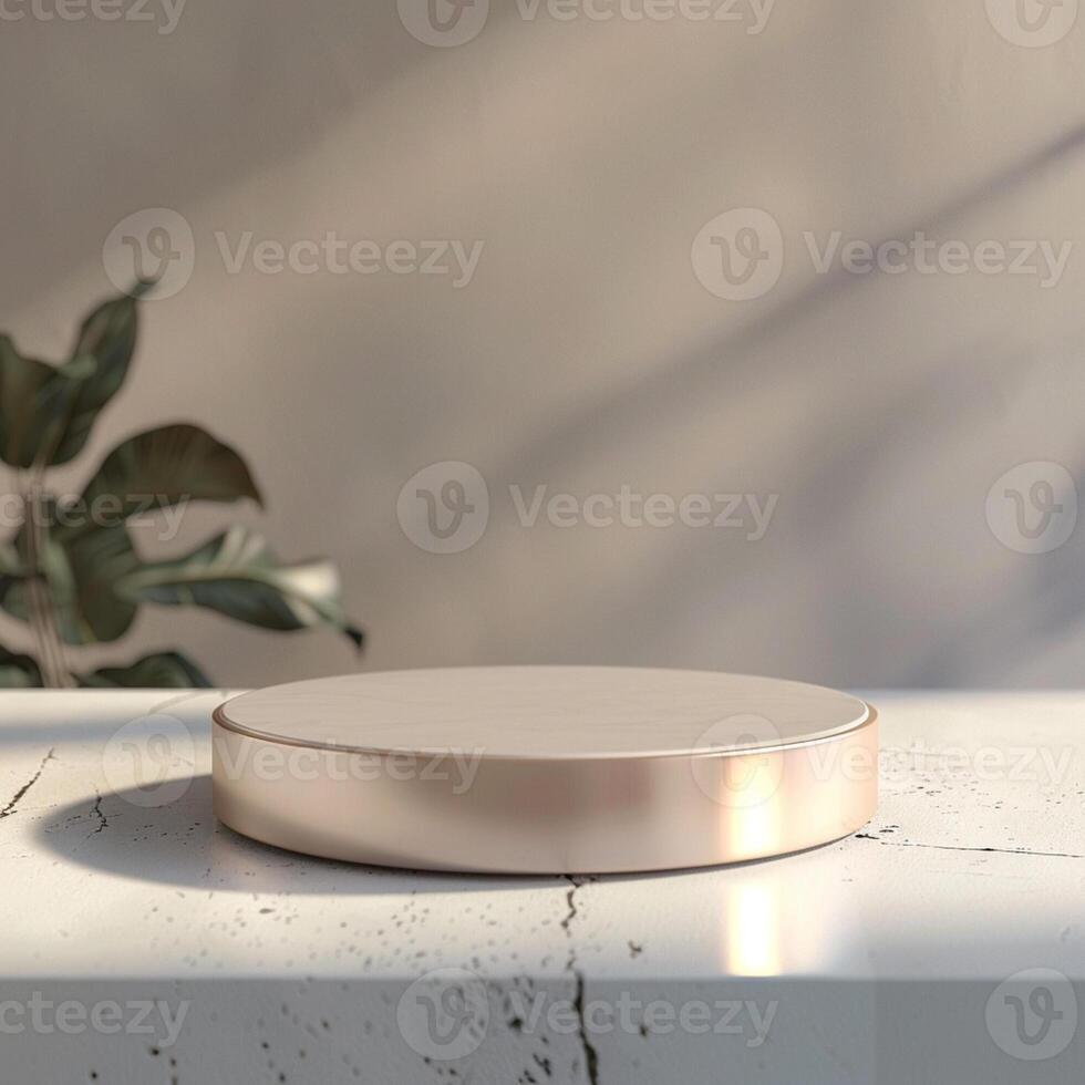 A round object on a table with a plant in the background photo