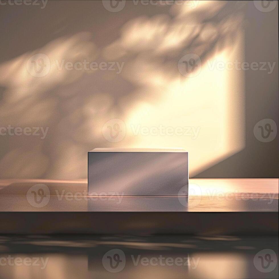 A white box sitting on a table in front of a window photo