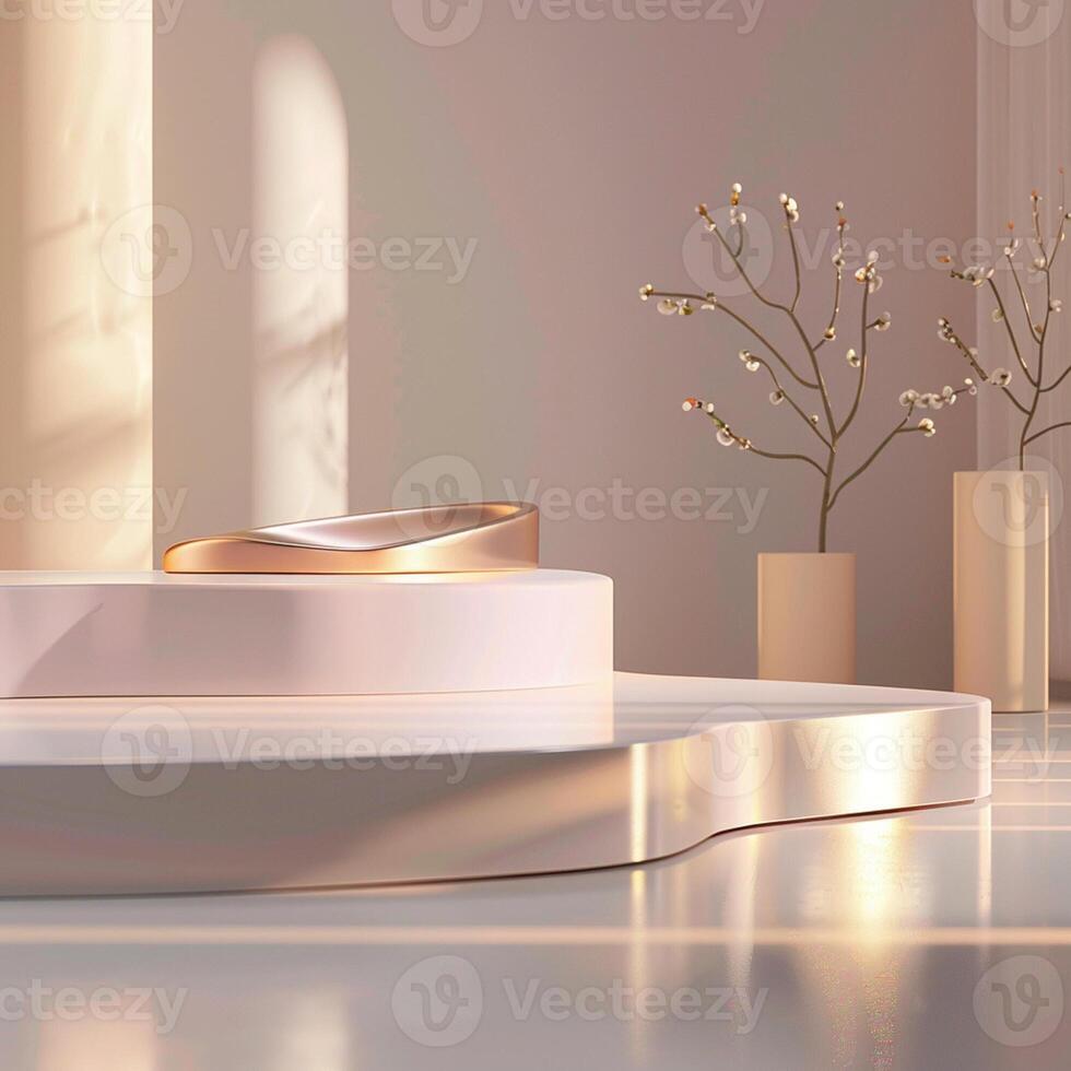 A white room with a white table and two vases photo