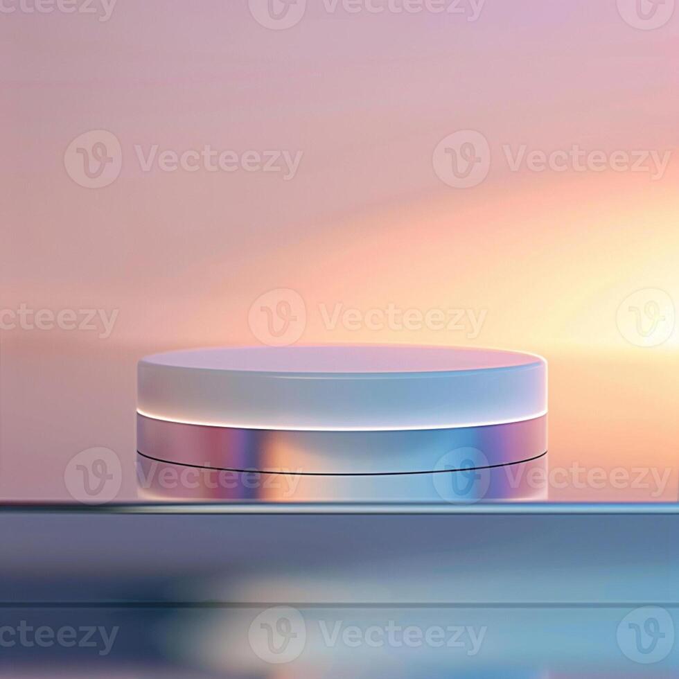 A white round object on a table with a sunset in the background photo