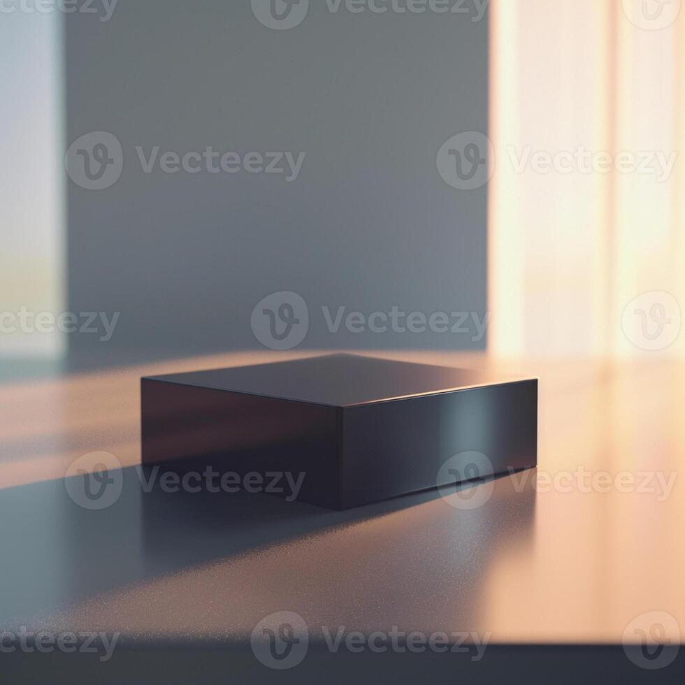 A black box sitting on a table in front of a window photo