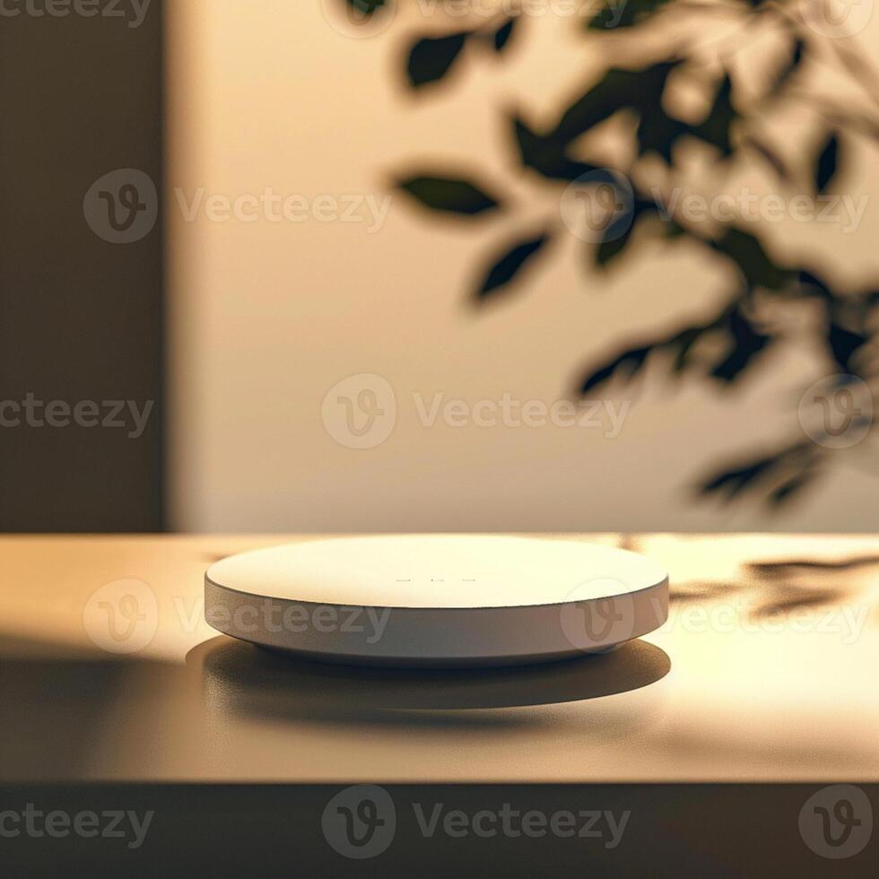 A white object on a table with a plant in the background photo