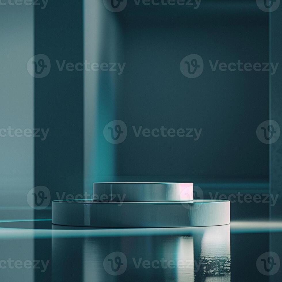 A white pedestal with a blue light shining on it photo