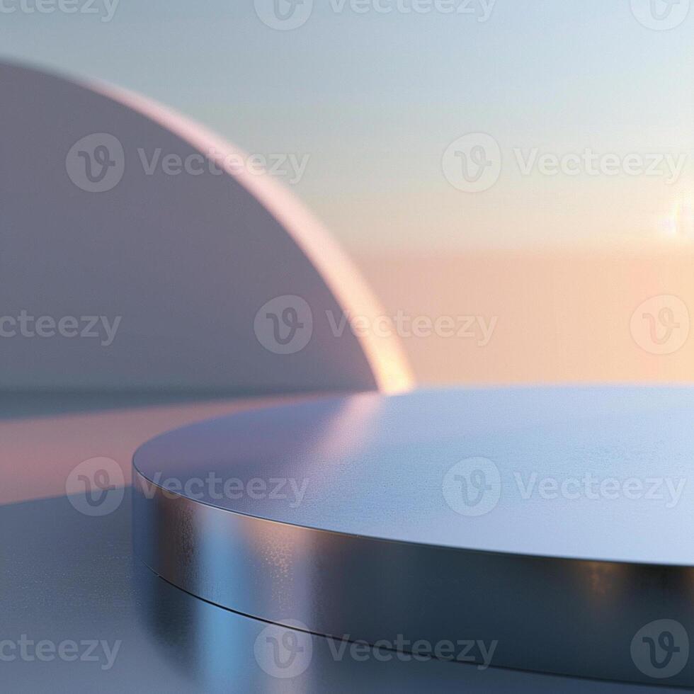 A round table with a silver surface in front of a sunset photo