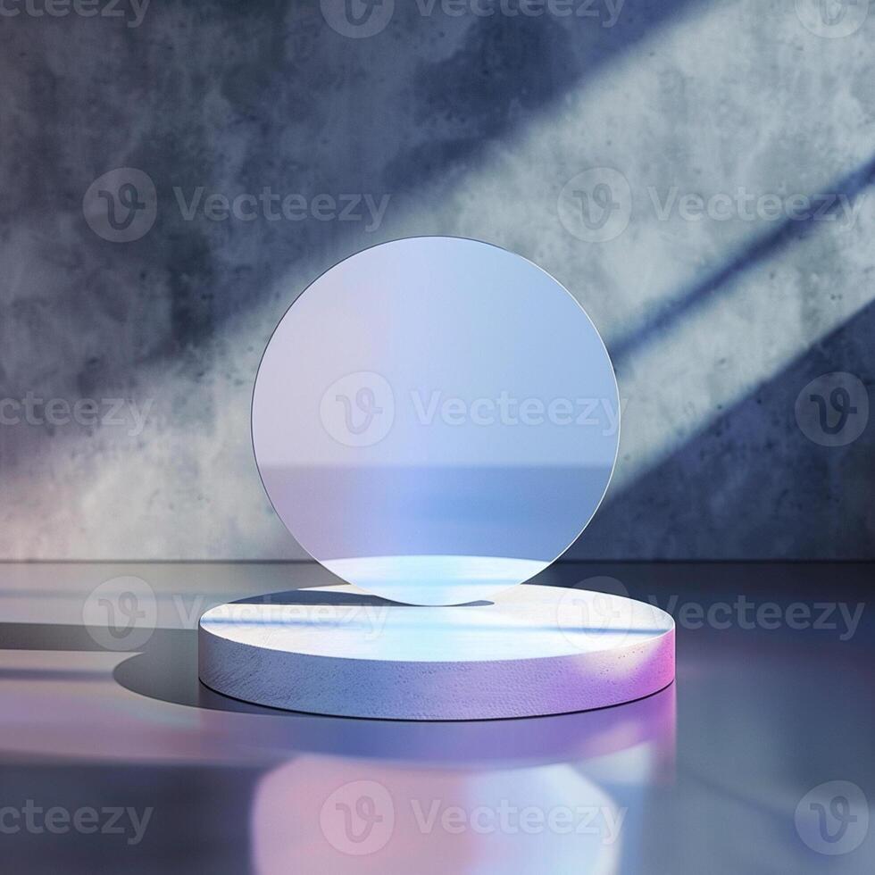 A white circular object on a pedestal in front of a wall photo