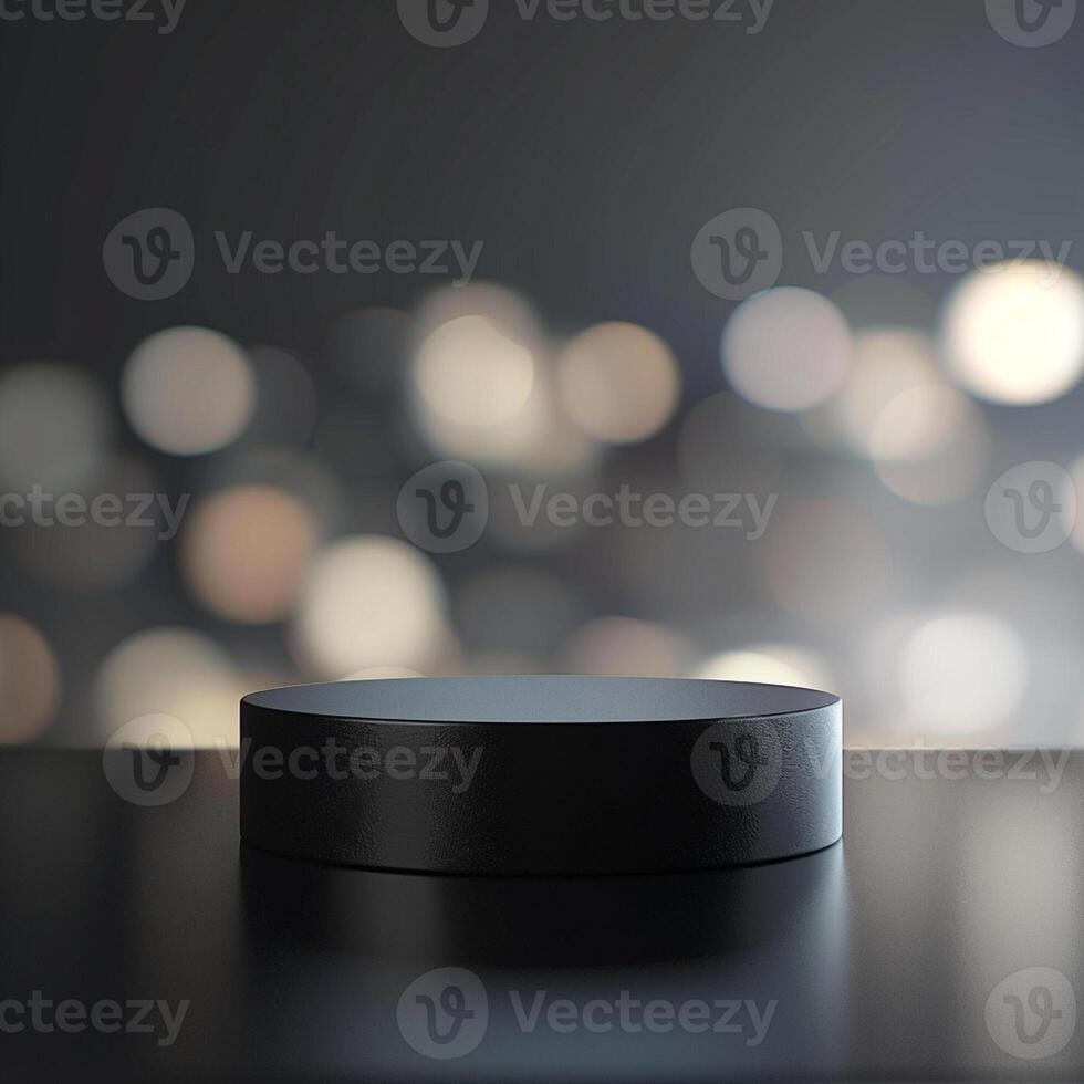Black round table on a table with blurred lights photo