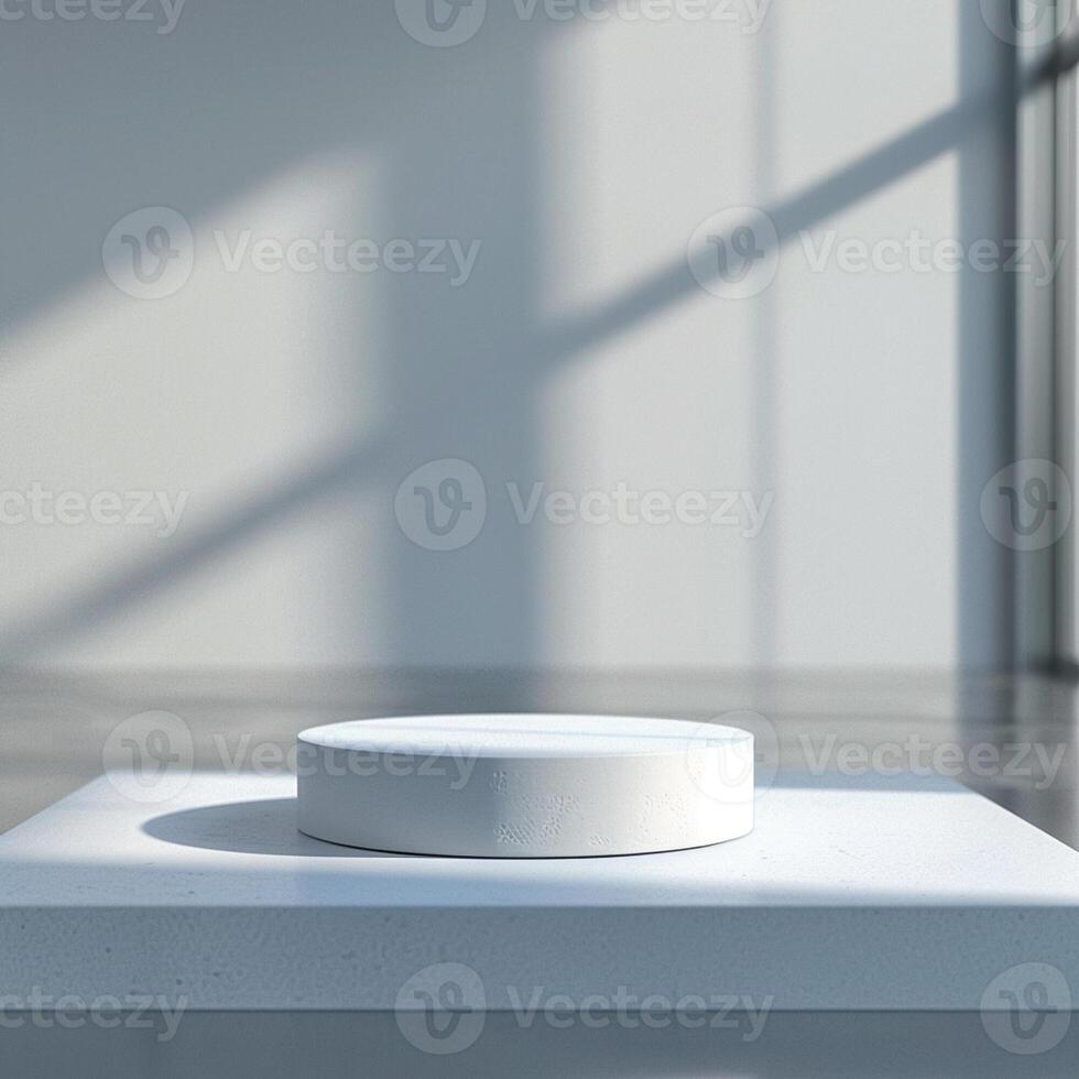 A white round object on a white table in front of a window photo