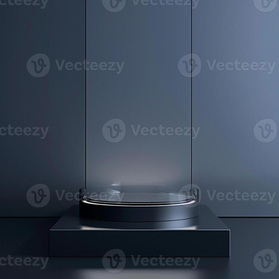 A black pedestal with a circular glass top on it photo