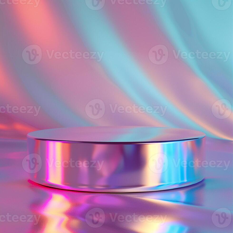 A shiny metal round table with a colorful background photo