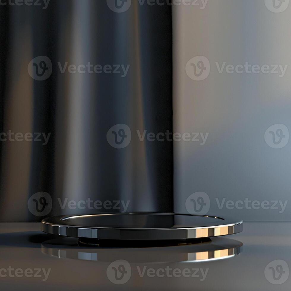A black plate on a table with a curtain in the background photo