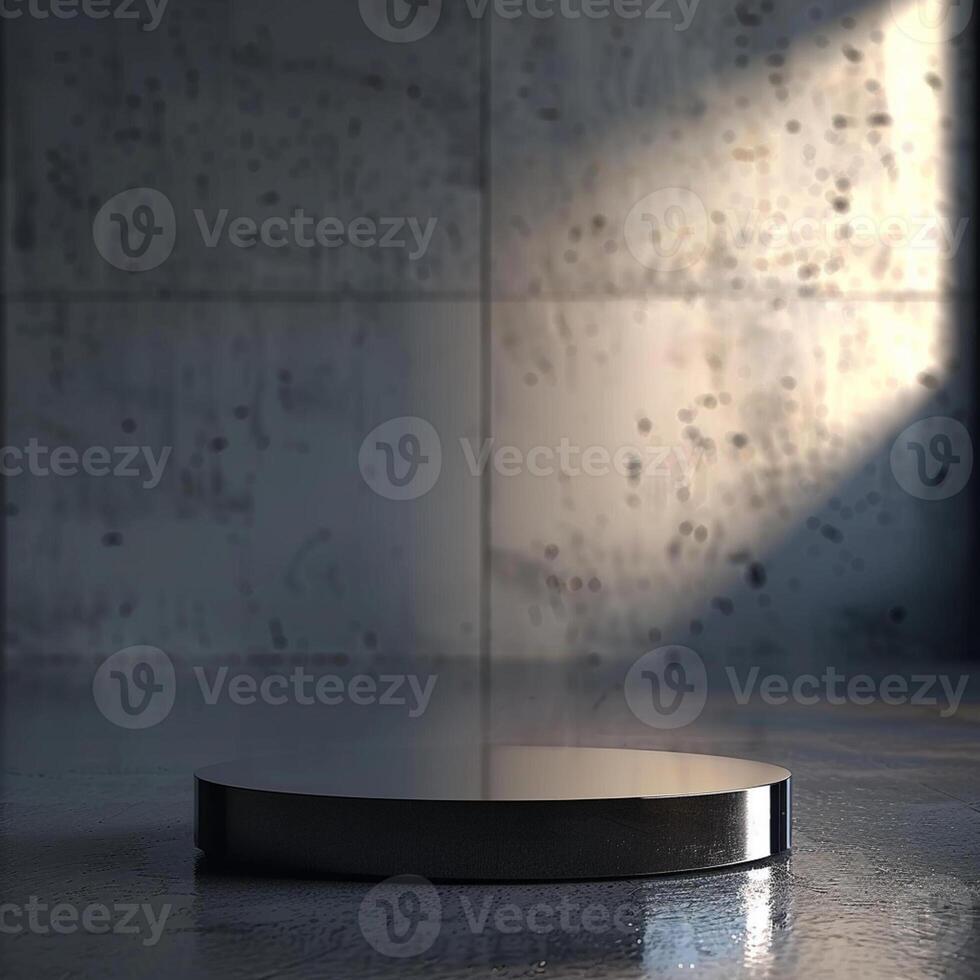 A black round table in front of a wall photo