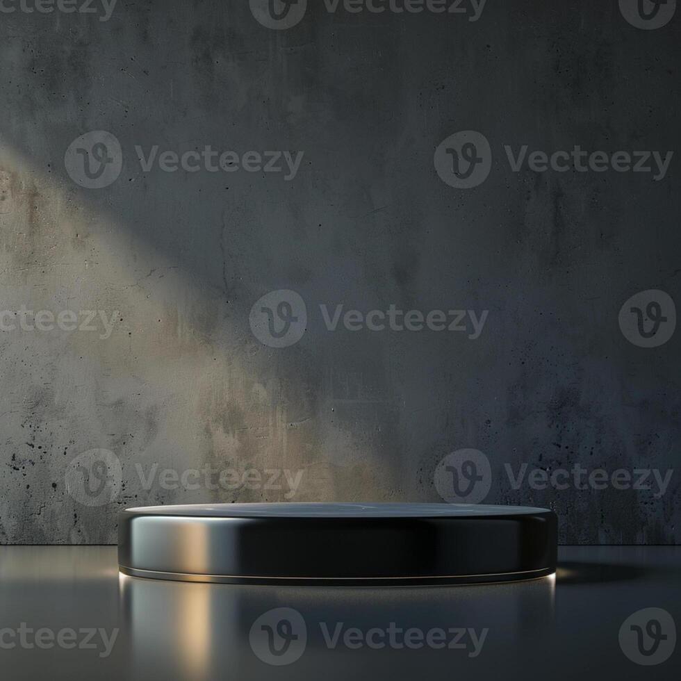 An empty black round table in front of a wall photo