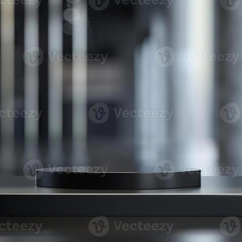 A black circular object on a table in front of a blurry background photo