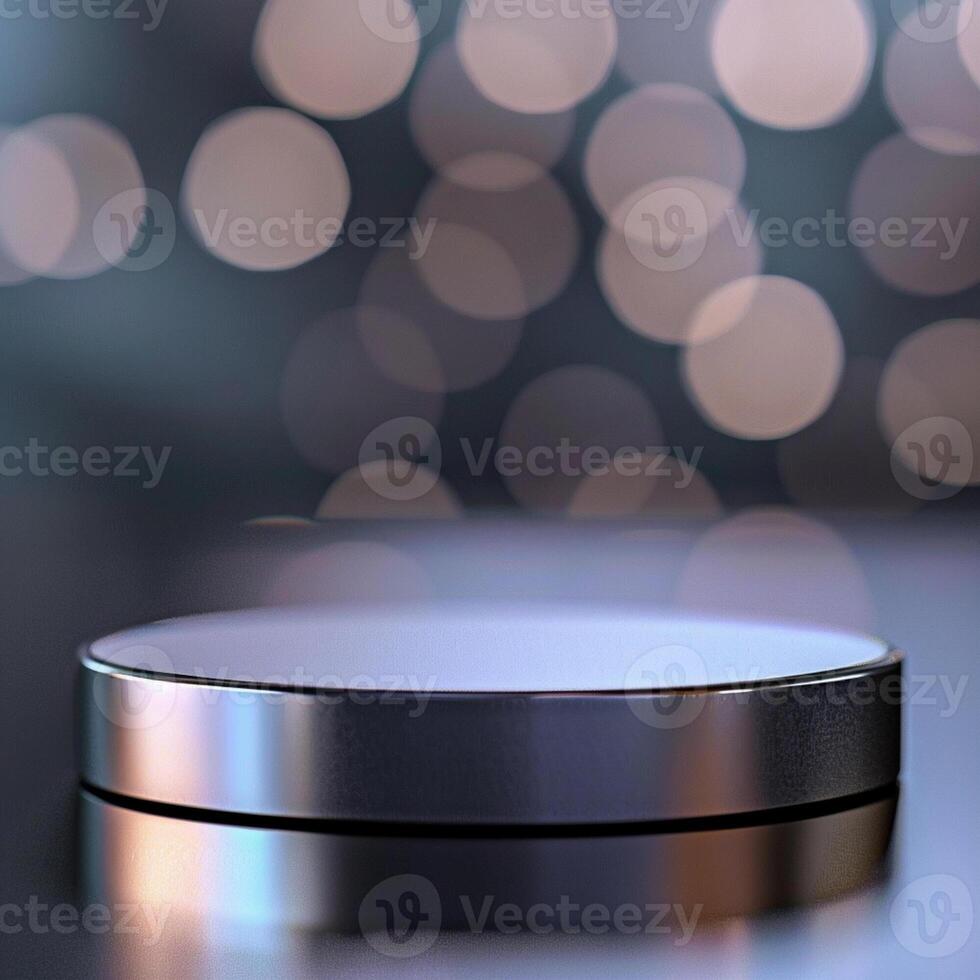 A silver circular object on a table with a blurred background photo