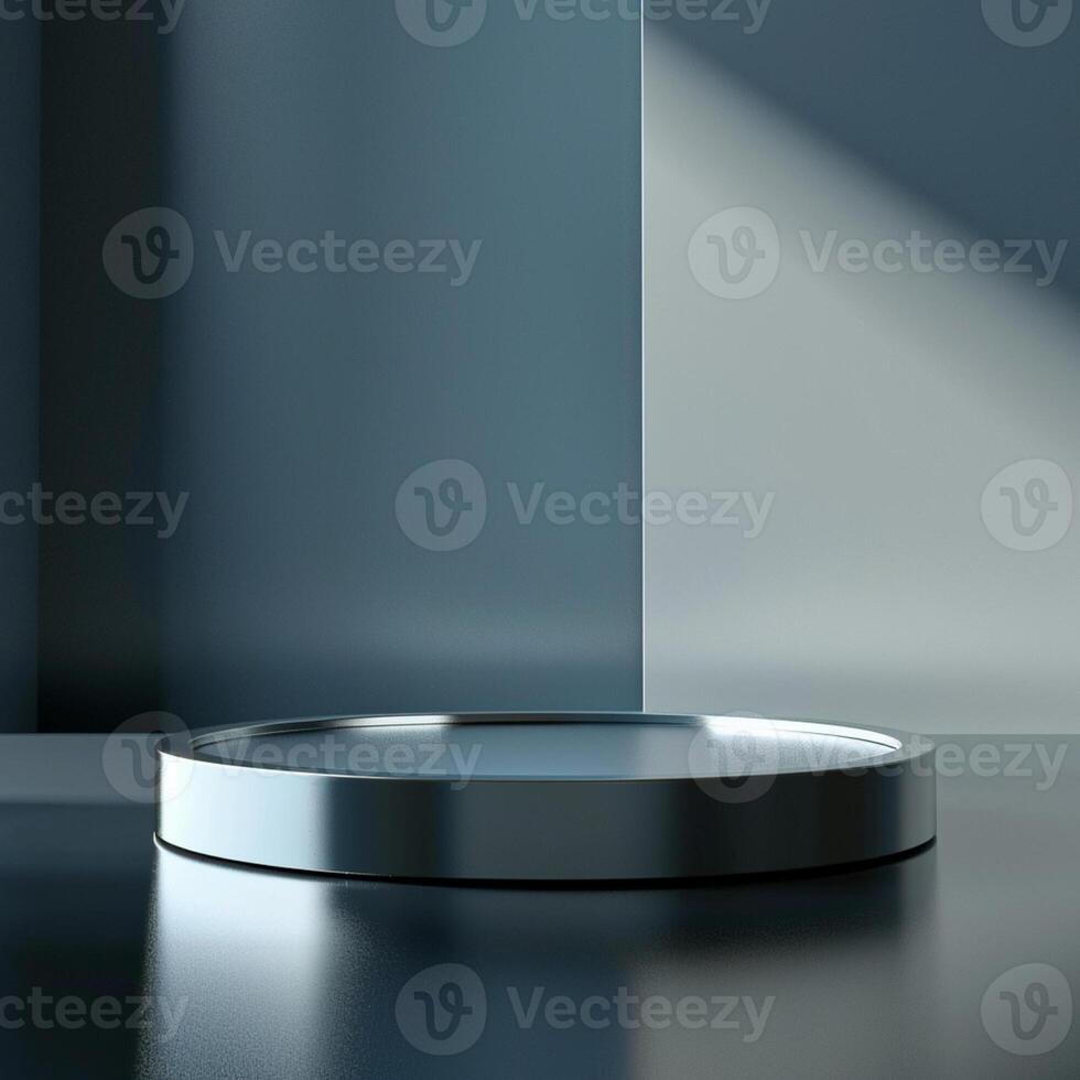 A round metal object on a table in front of a wall photo
