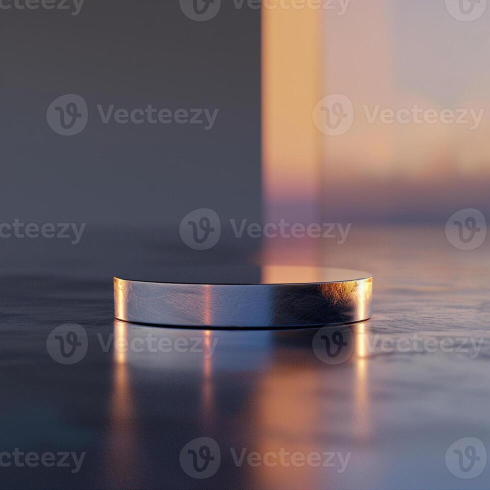 A silver object sitting on a table in front of a window photo