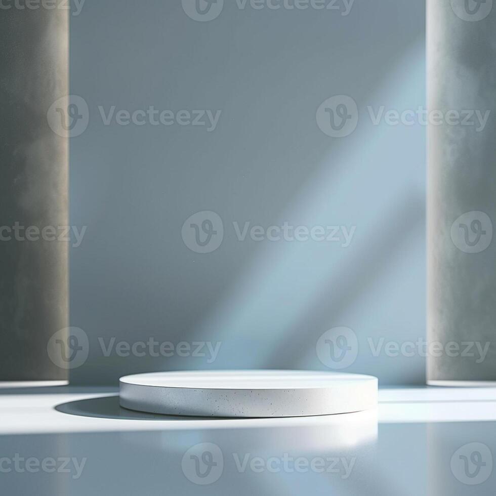 An empty white pedestal in front of a window photo