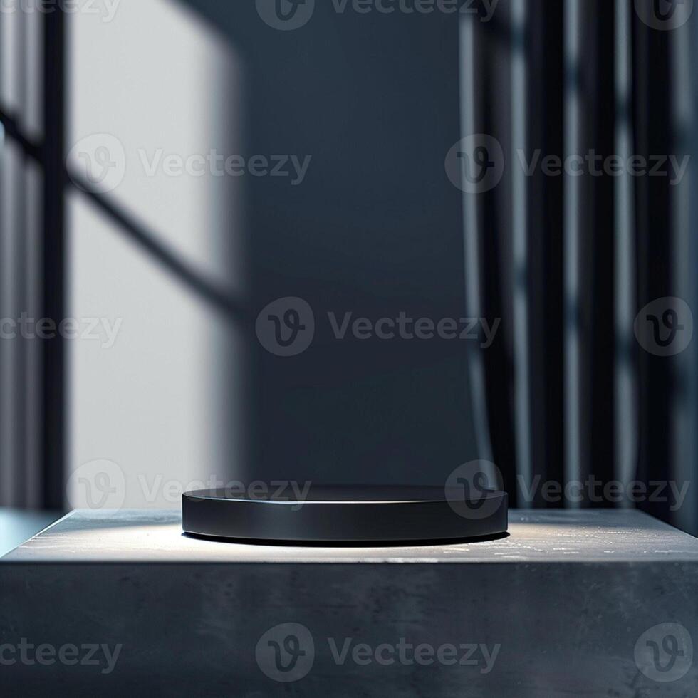 A black table with a circular object on top photo