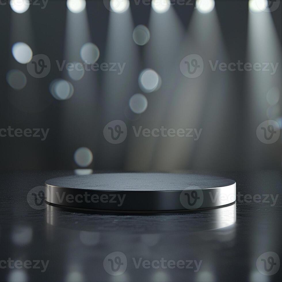 An empty podium on a dark stage with lights photo