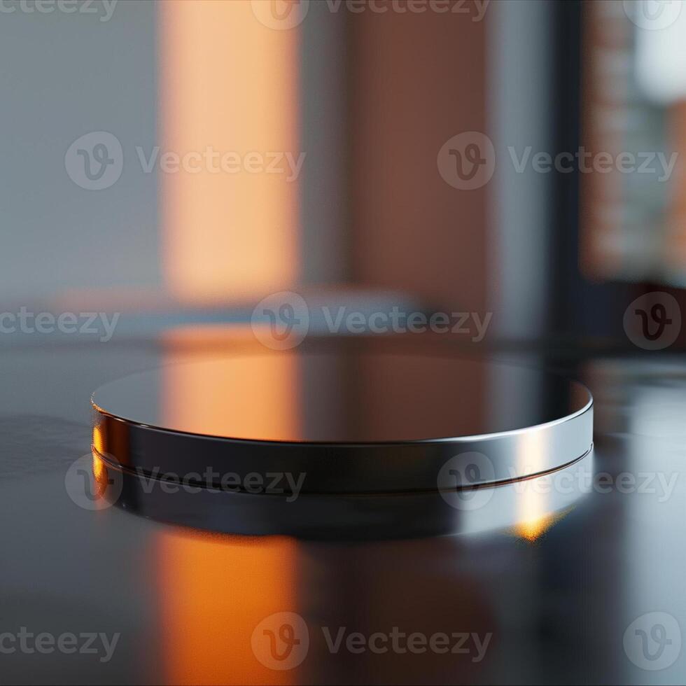 A round object on a table with a reflection of the sun photo