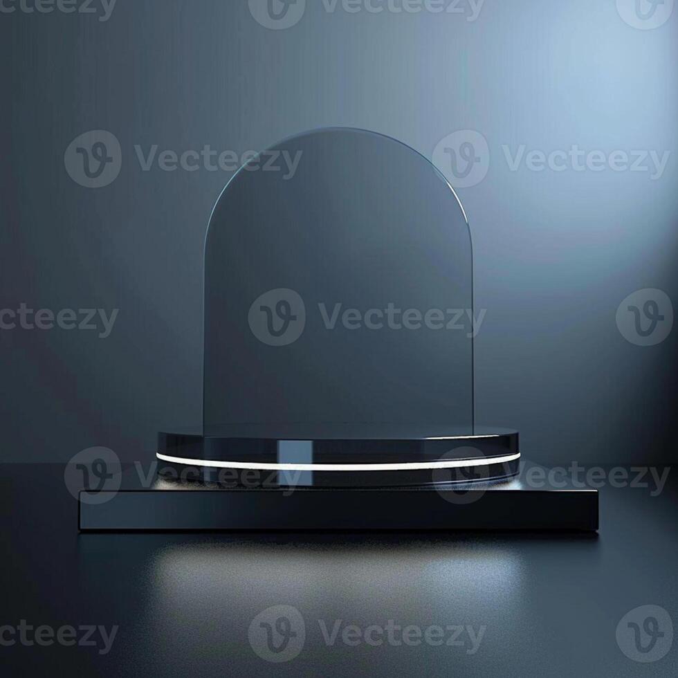 A glass display stand on a dark table photo