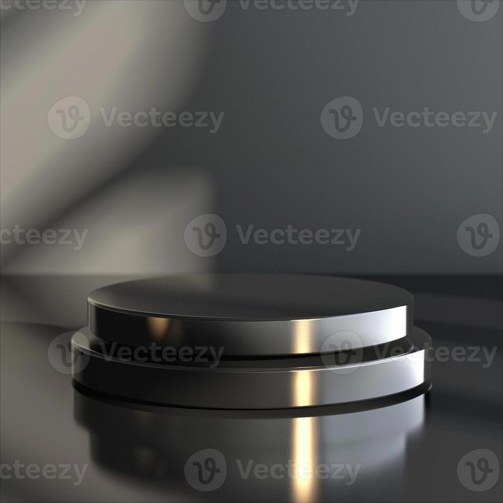 A black and white photo of a round table with a silver top