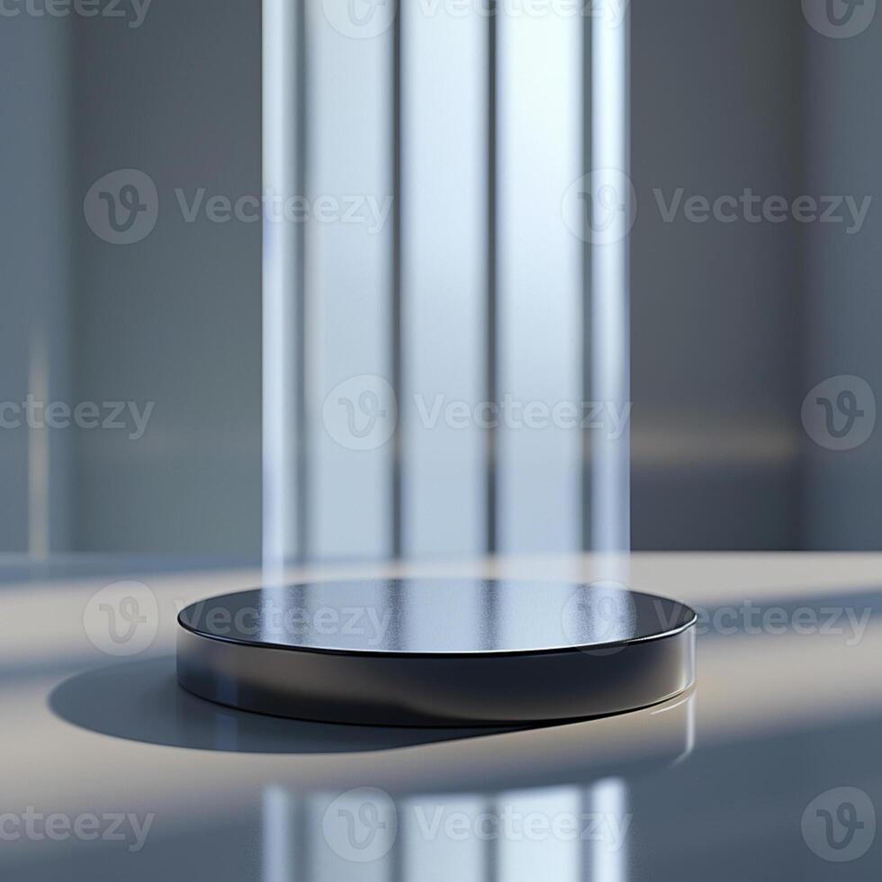 A black and white photo of a round table with a light