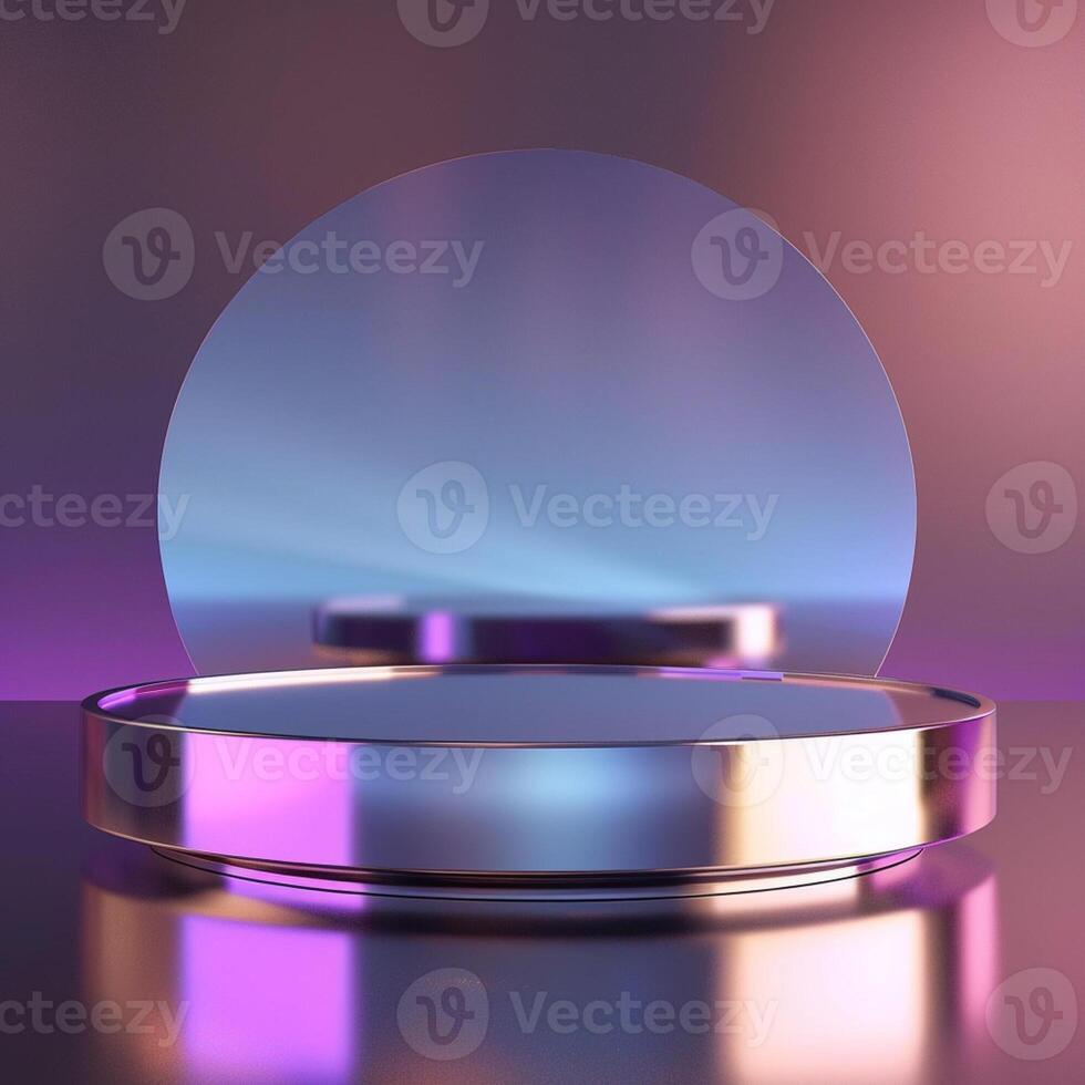 A round metal object on a table with a purple light photo