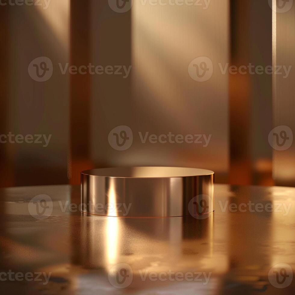 A golden object sitting on a table in front of a wall photo