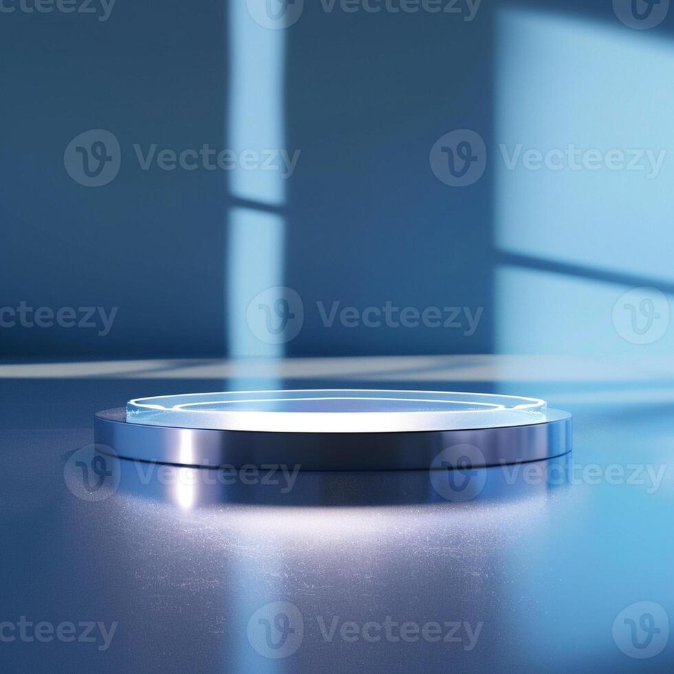 A blue circular object on a table in front of a window photo
