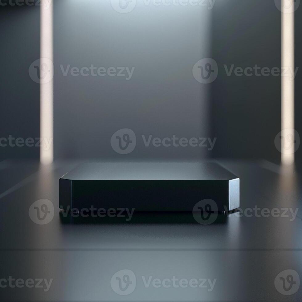 A black box sitting on a table in a dark room photo