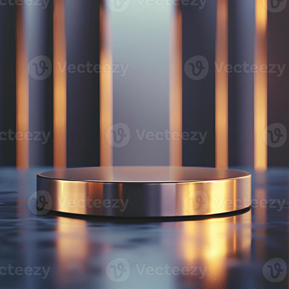 A round metal object on a table in front of a wall photo