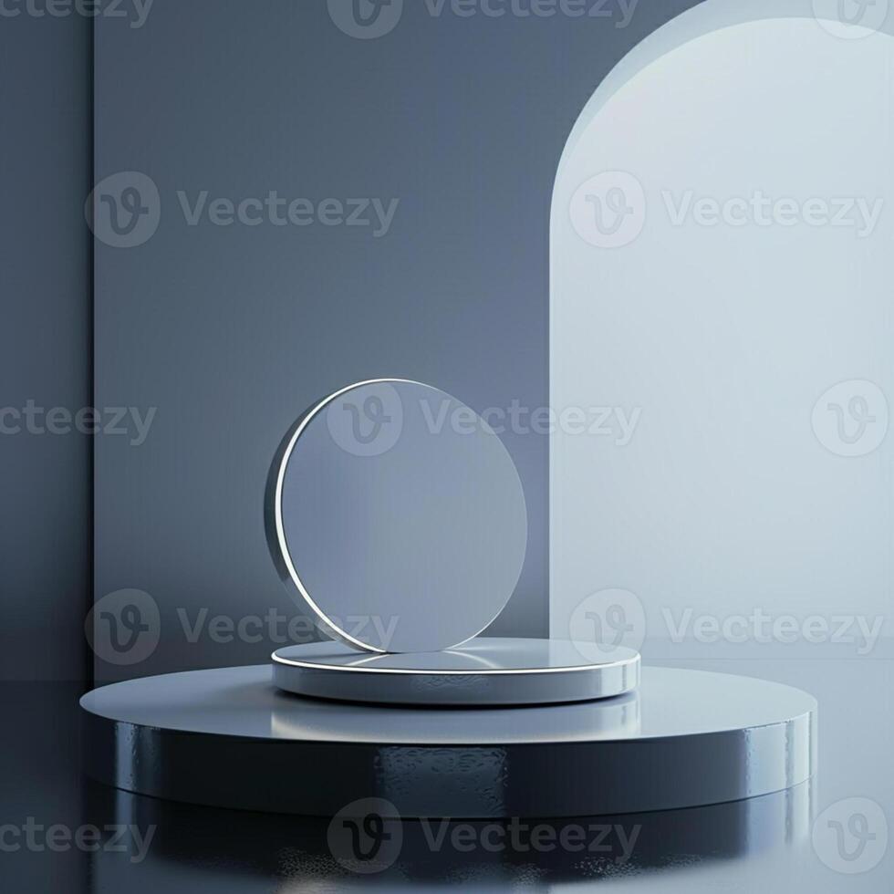 A white circular object on a pedestal in front of a window photo
